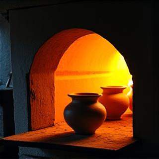 Intérieur d'un four à céramique avec des pièces en pleine cuisson