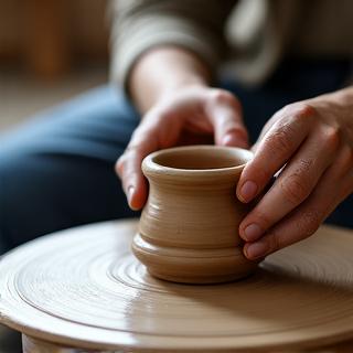 Mains d'artisan sur un tour de potier, façonnant une pièce
