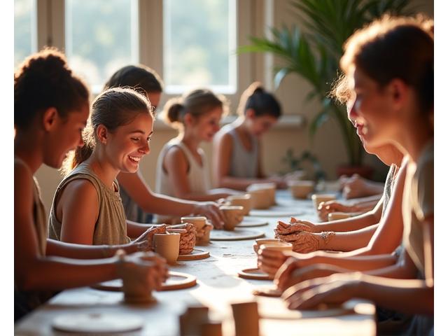 Photo d'ambiance d'un atelier de céramique Source Argilée avec des participants souriants et joyeux