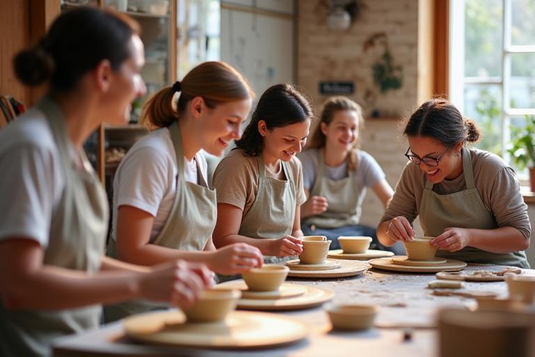 Groupe de personnes apprenant la poterie dans un atelier lumineux